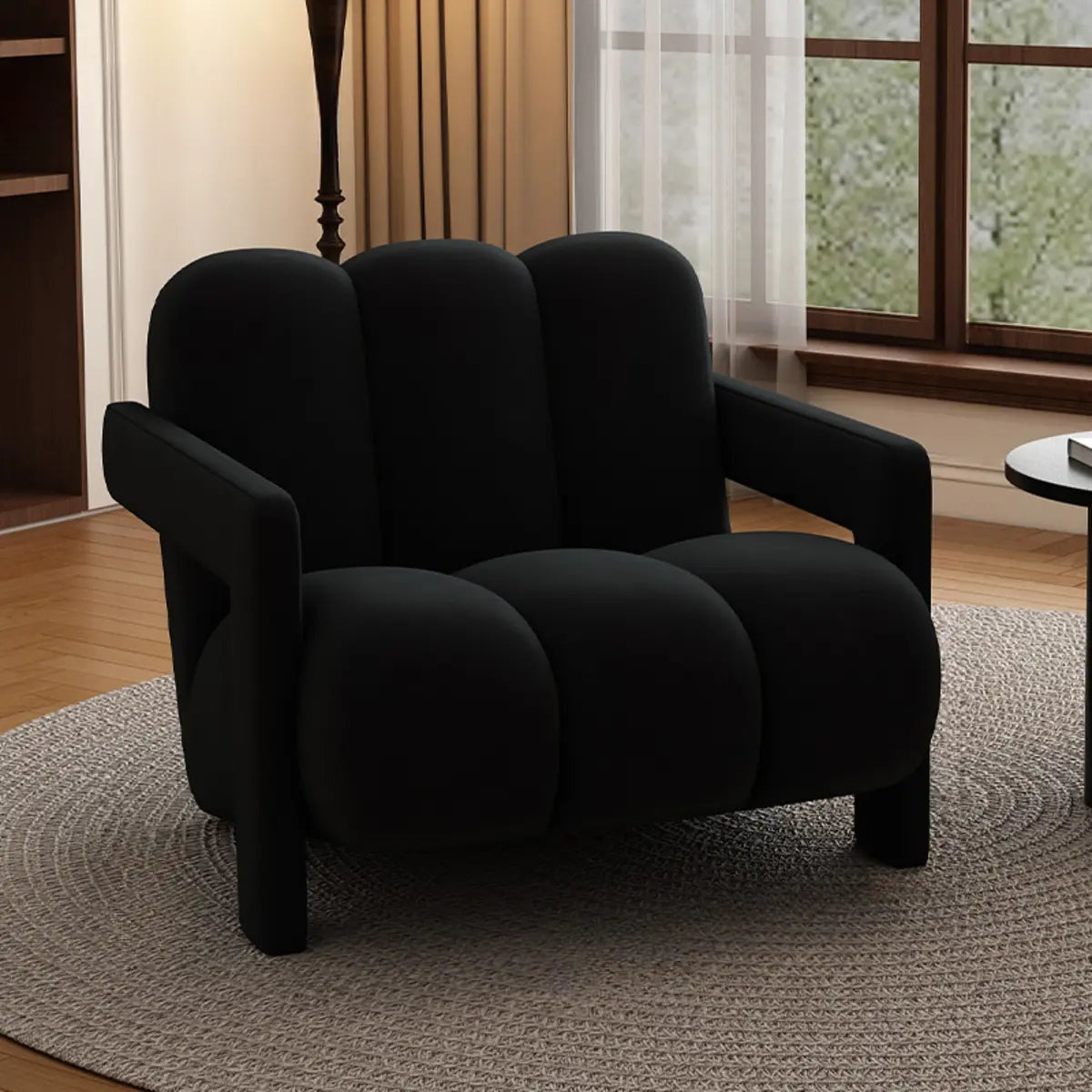 Black Sherpa Sewn Pillow Back Wood Frame Arm Chair Image - 3
