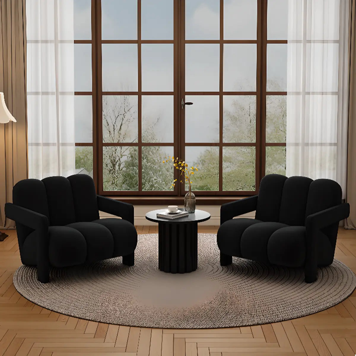 Black Sherpa Sewn Pillow Back Wood Frame Arm Chair Image - 4