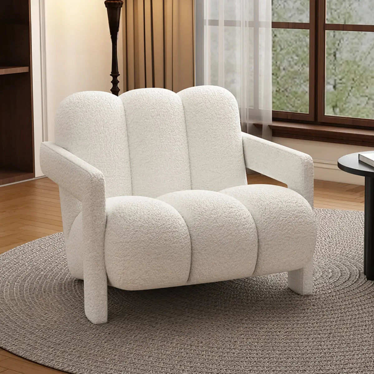 Black Sherpa Sewn Pillow Back Wood Frame Arm Chair Image - 9
