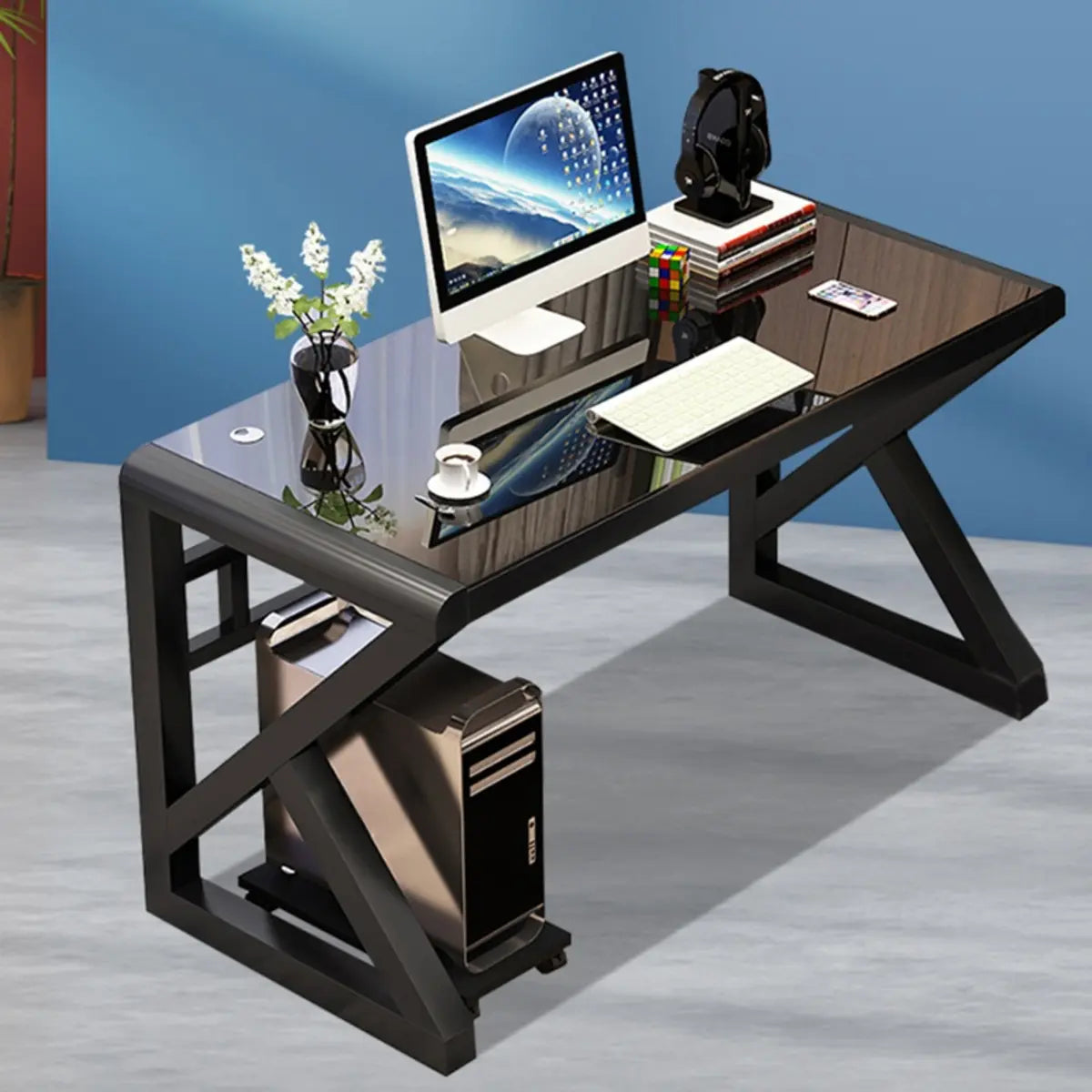 Black Sled Rectangle Glass Storage Single Computer Desk – Homebaa