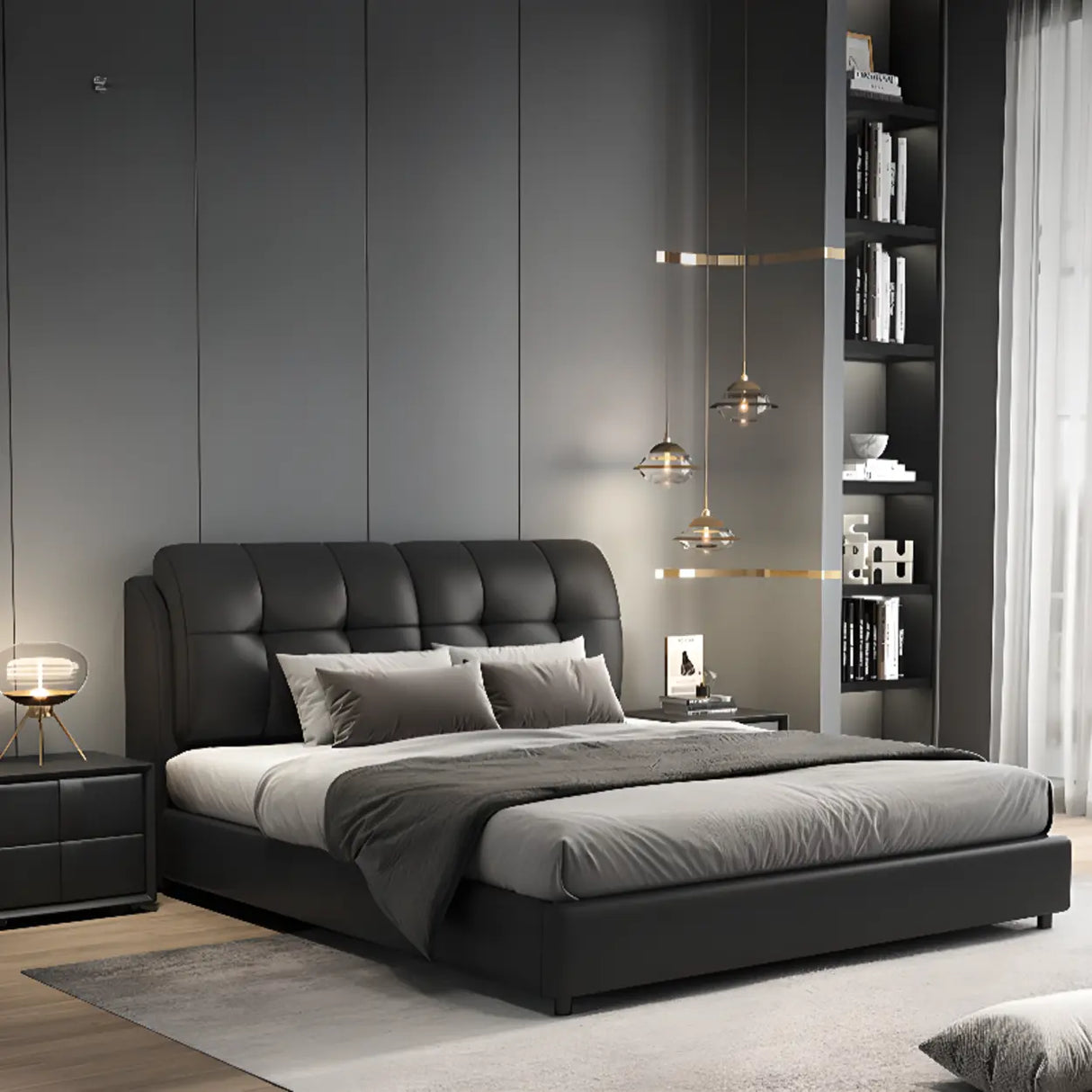 Black Sleigh Leather Upholstered Panel Bed with Mattress Image - 1