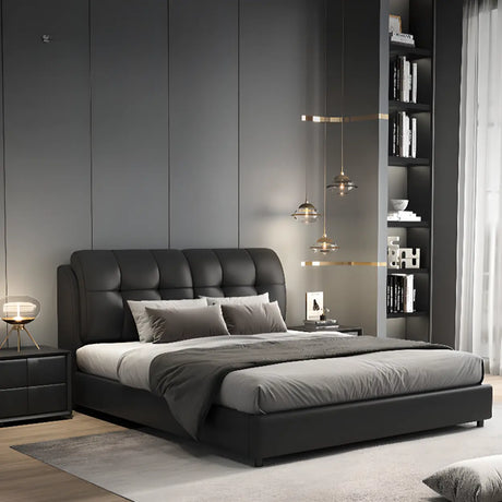Black Sleigh Leather Upholstered Panel Bed with Mattress Image - 1