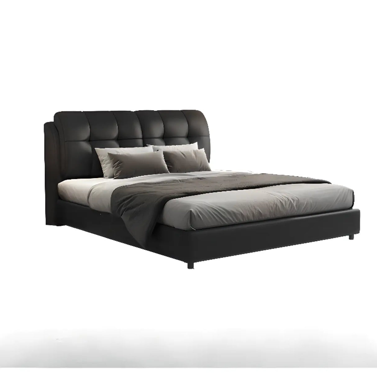 Black Sleigh Leather Upholstered Panel Bed with Mattress Image - 2