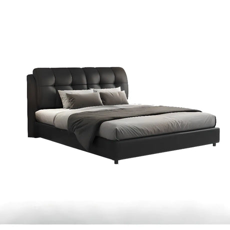 Black Sleigh Leather Upholstered Panel Bed with Mattress Image - 2