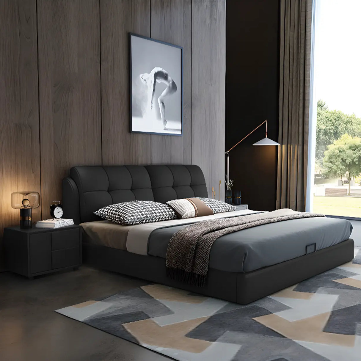 Black Sleigh Leather Upholstered Panel Bed with Mattress Image - 4