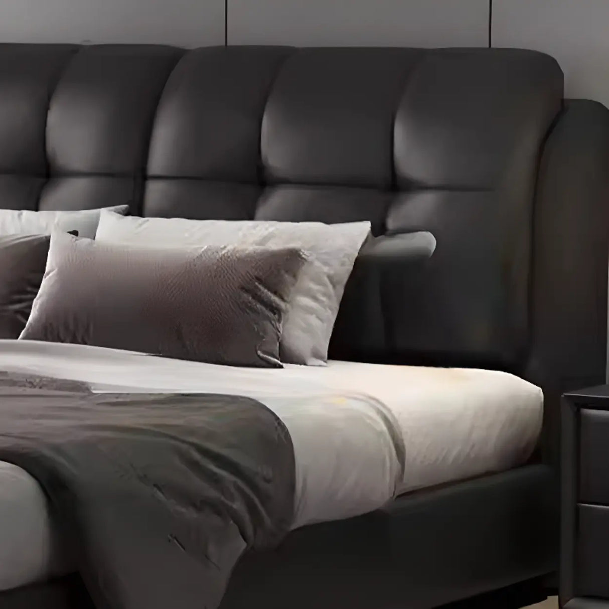 Black Sleigh Leather Upholstered Panel Bed with Mattress Image - 6