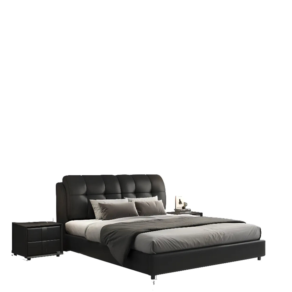 Black Sleigh Leather Upholstered Panel Bed with Mattress Image - 7