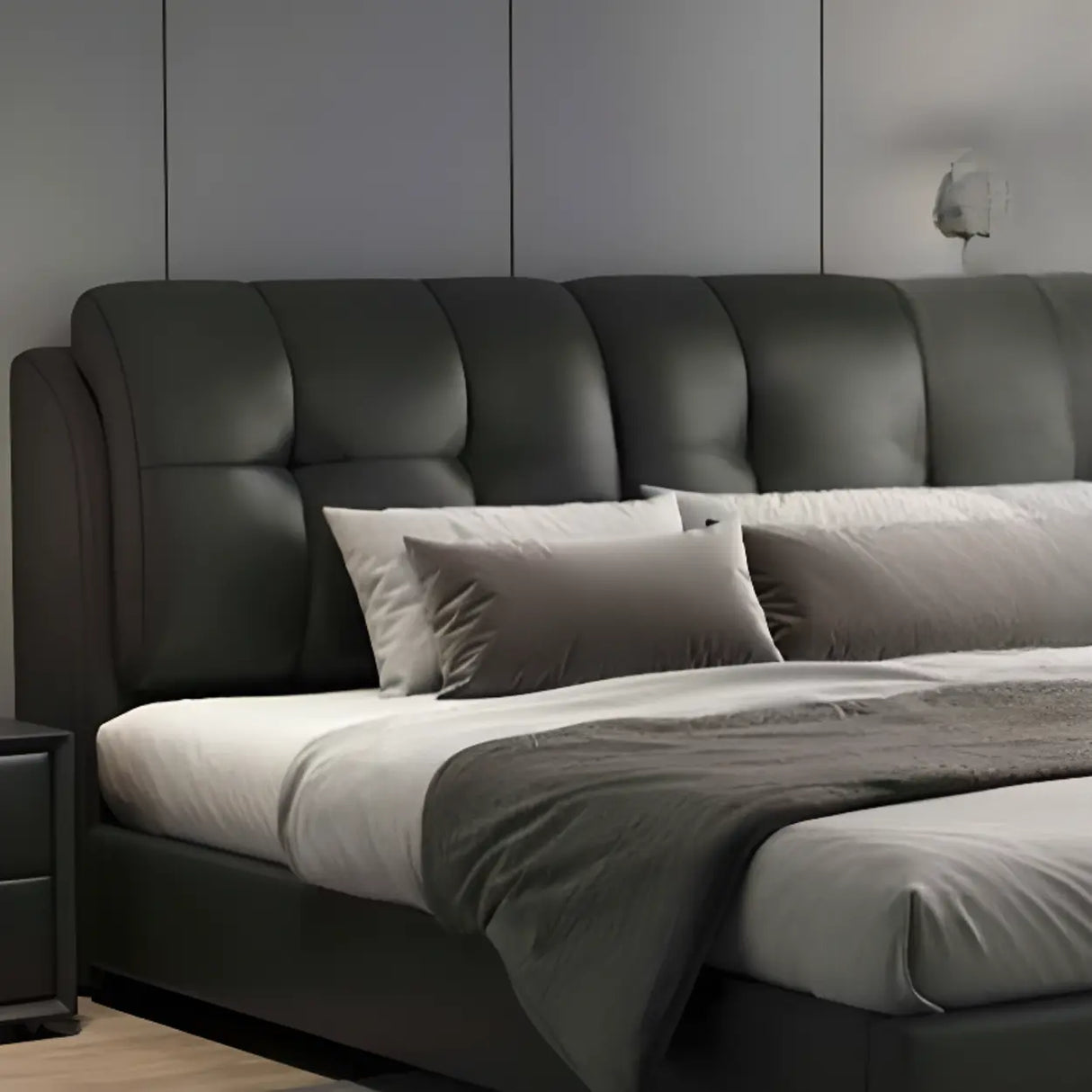 Black Sleigh Leather Upholstered Panel Bed with Mattress Image - 8