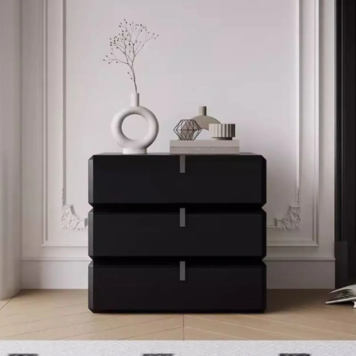 Black Solid Wood Kids Nightstand with Three Drawers Image - 3