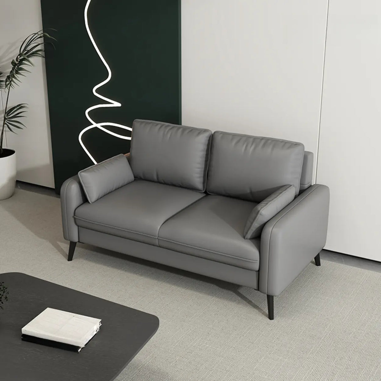 Black Square Arm Pillow Back Wood Frame Loveseat Image - 13