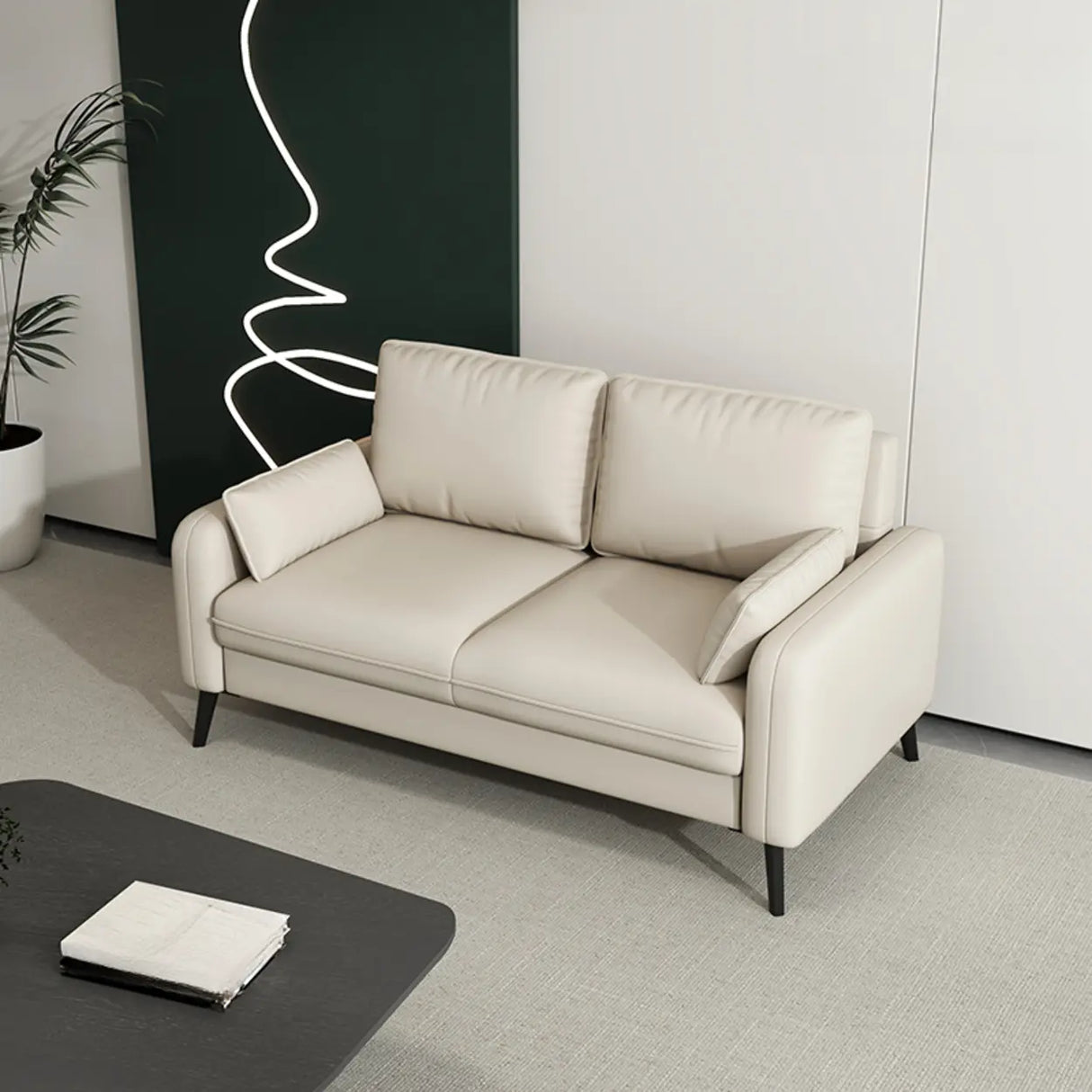 Black Square Arm Pillow Back Wood Frame Loveseat Image - 3