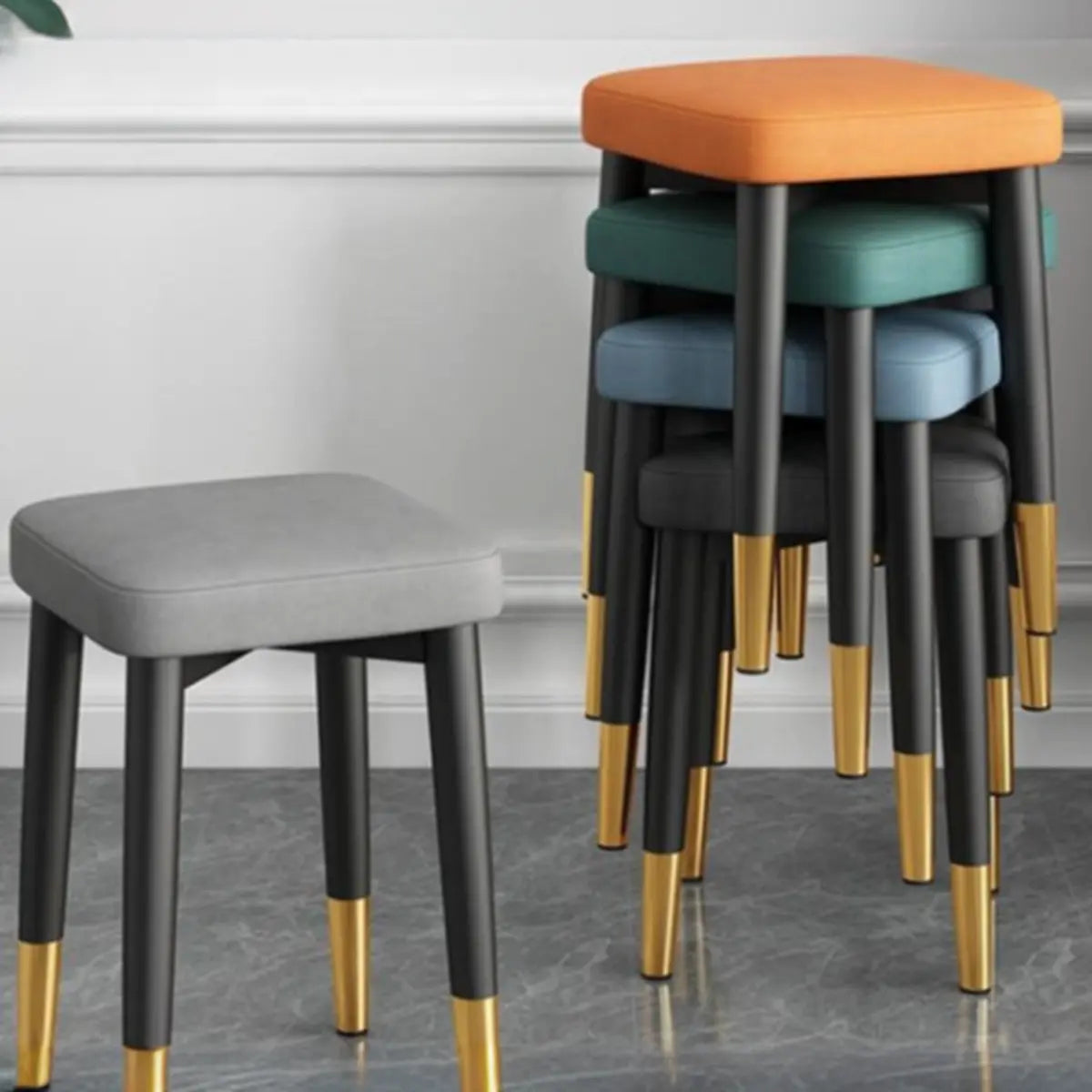 Black Square Metal Frame Upholstered Ottoman Stool Image - 1