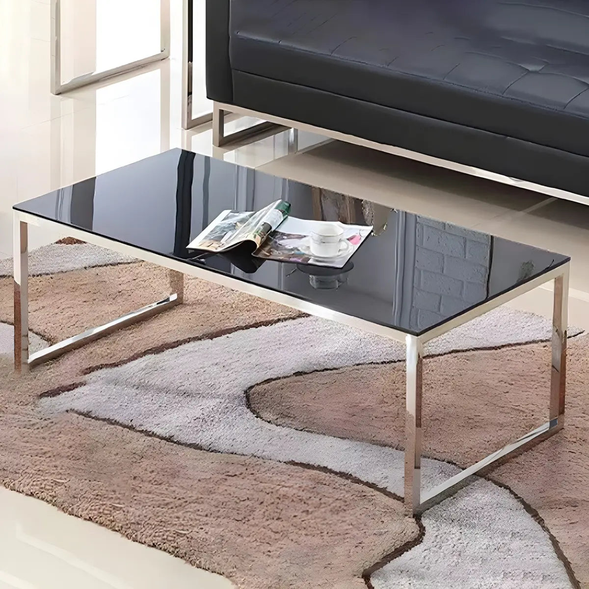 Black Square Waterproof Leather Single Sofa with Table Image - 3