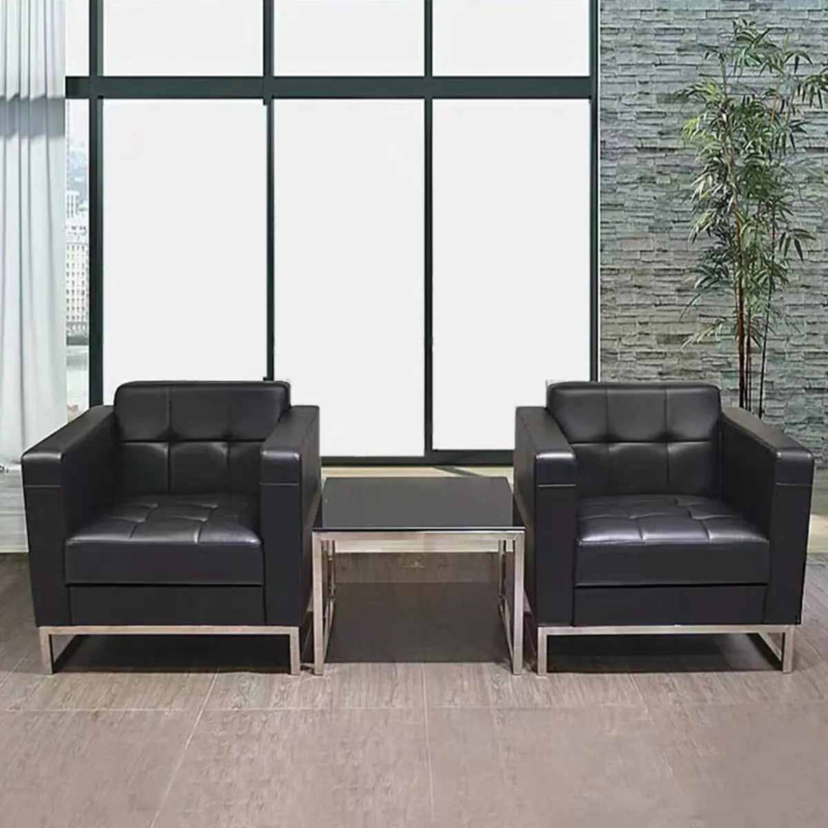 Black Square Waterproof Leather Single Sofa with Table Image - 6