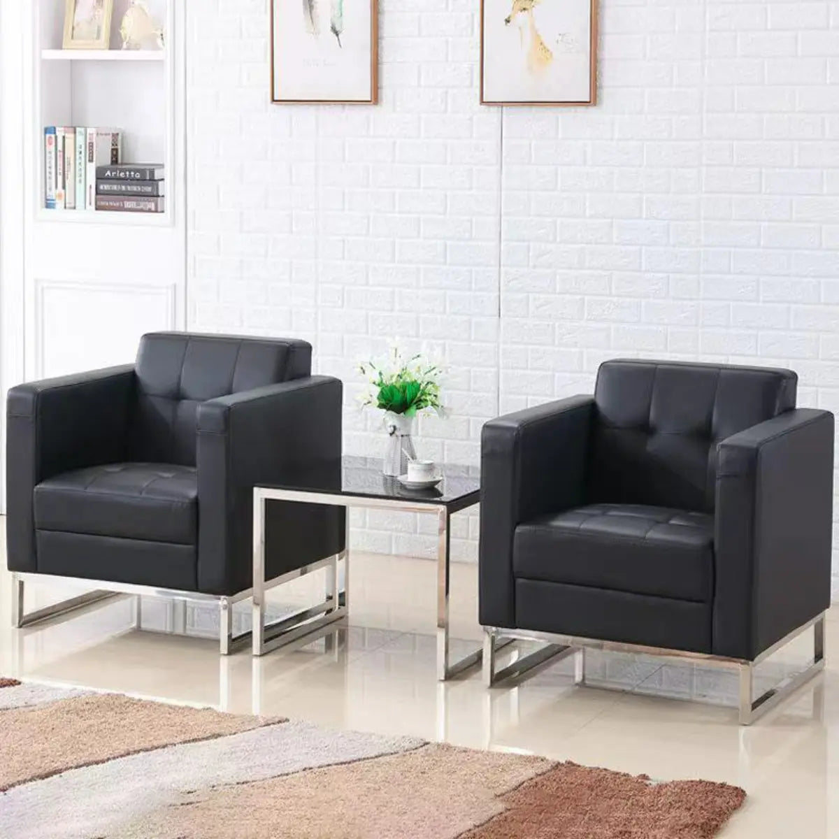Black Square Waterproof Leather Single Sofa with Table Image - 7