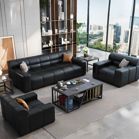 Black Stain Resistant Faux Leather Biscuit Back Sofa Image - 1