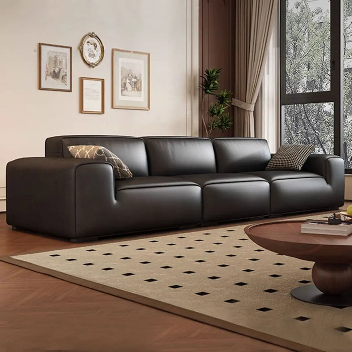 Black Stain Resistant Genuine Leather Tight Back Sofa Image - 1