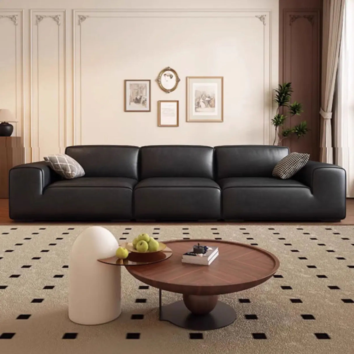 Black Stain Resistant Genuine Leather Tight Back Sofa Image - 2