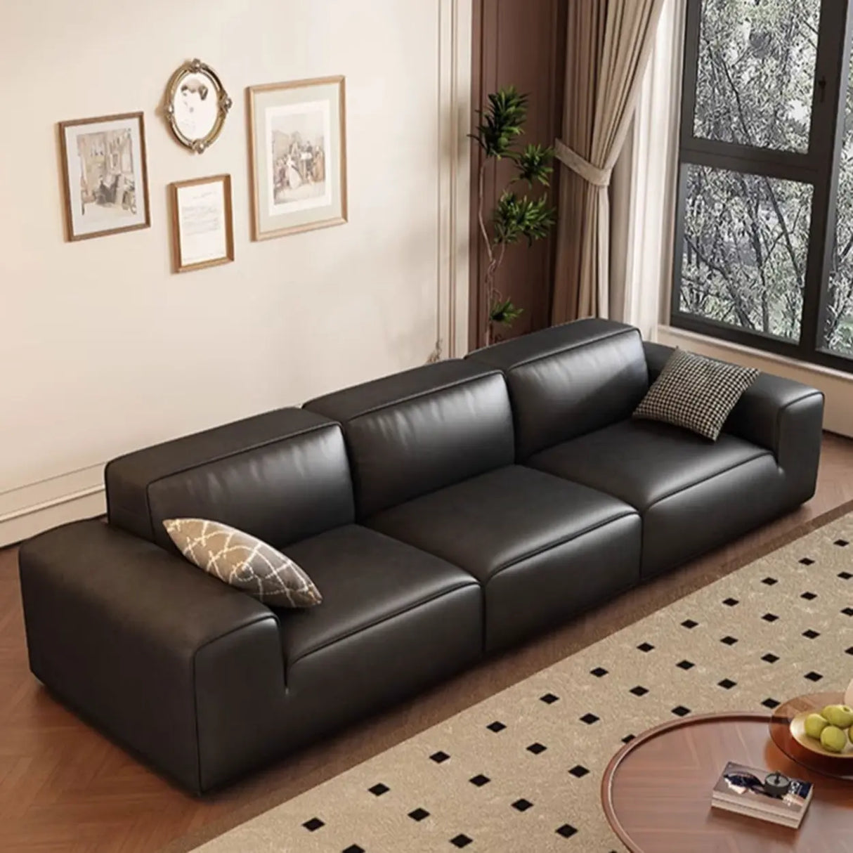 Black Stain Resistant Genuine Leather Tight Back Sofa Image - 8