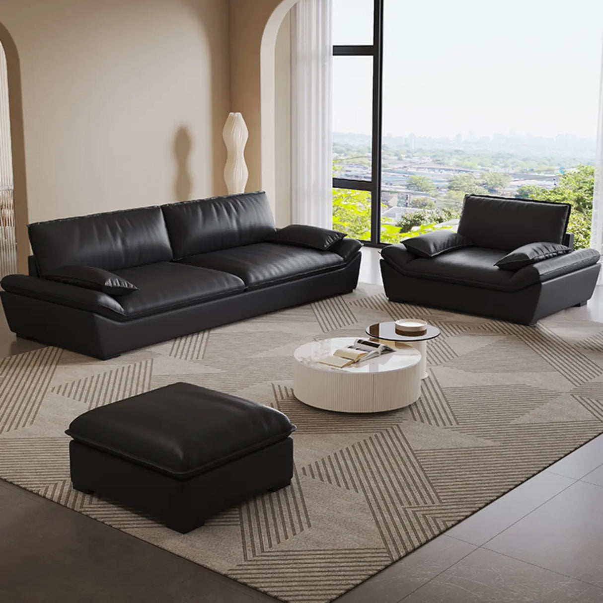 Black Stain Resistant Leather Cushion Back Pillow Sofa Image - 4