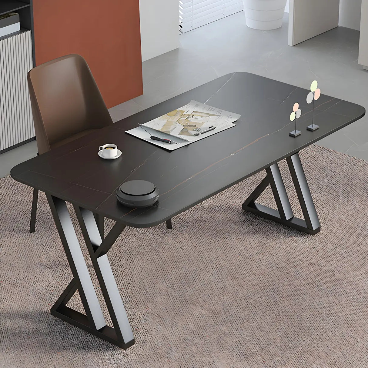 Black Stone Rectangular Metal Sled Base Writing Desk Image - 1