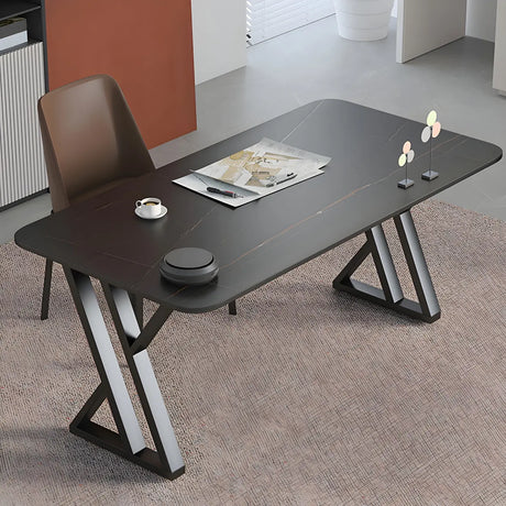 Black Stone Rectangular Metal Sled Base Writing Desk Image - 1