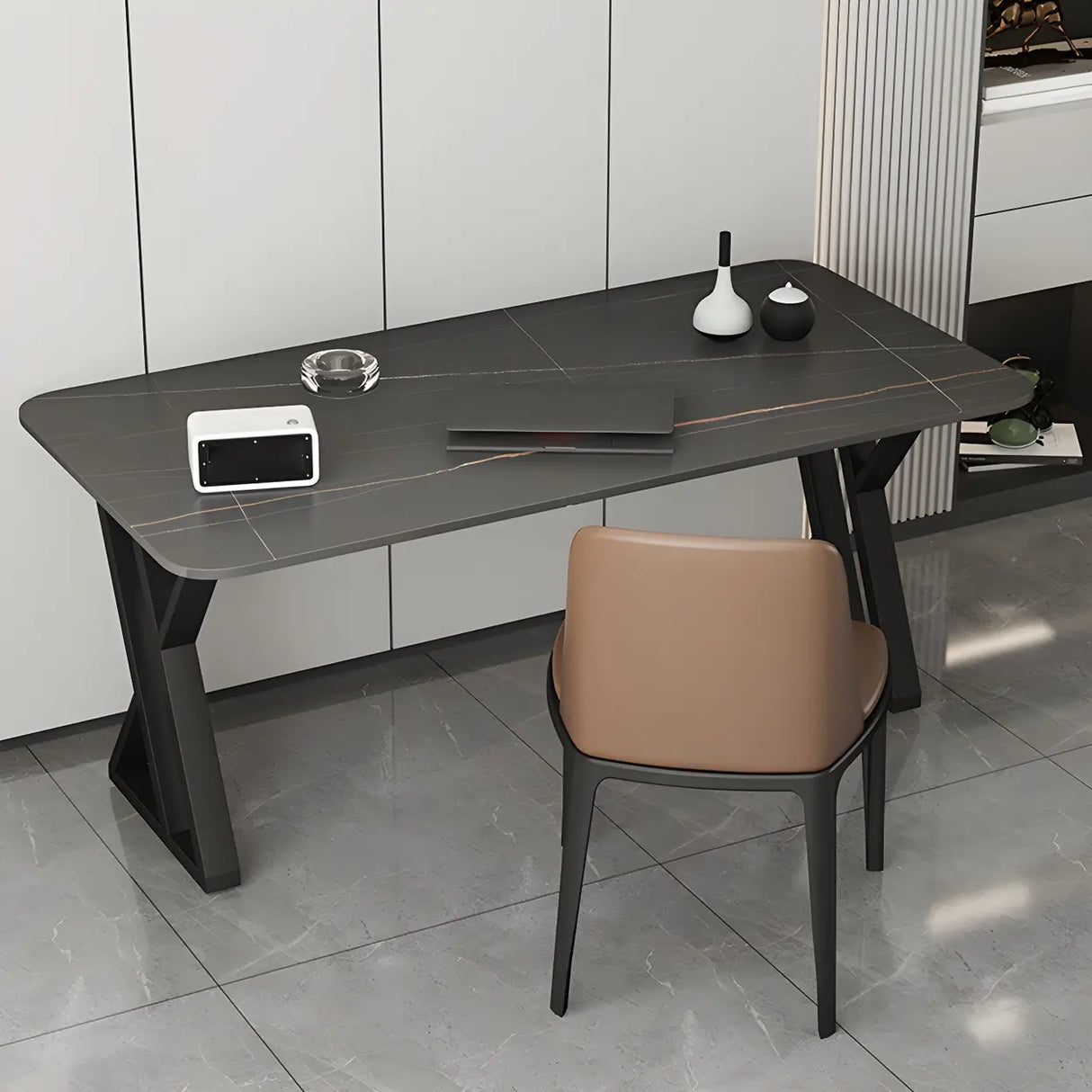 Black Stone Rectangular Metal Sled Base Writing Desk Image - 13