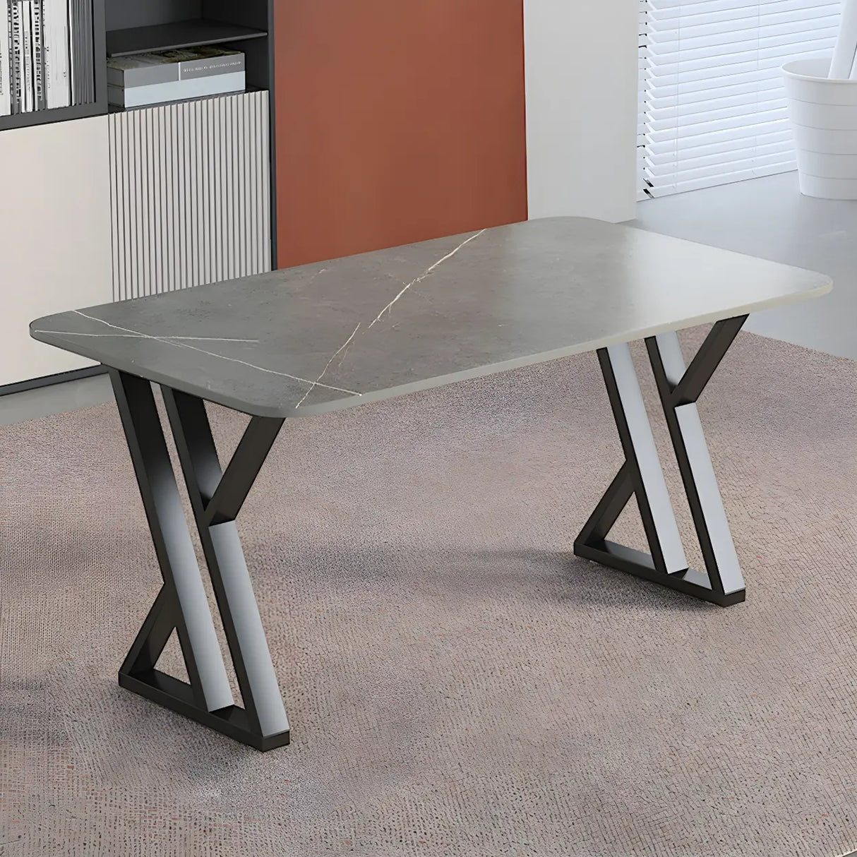 Black Stone Rectangular Metal Sled Base Writing Desk Image - 2