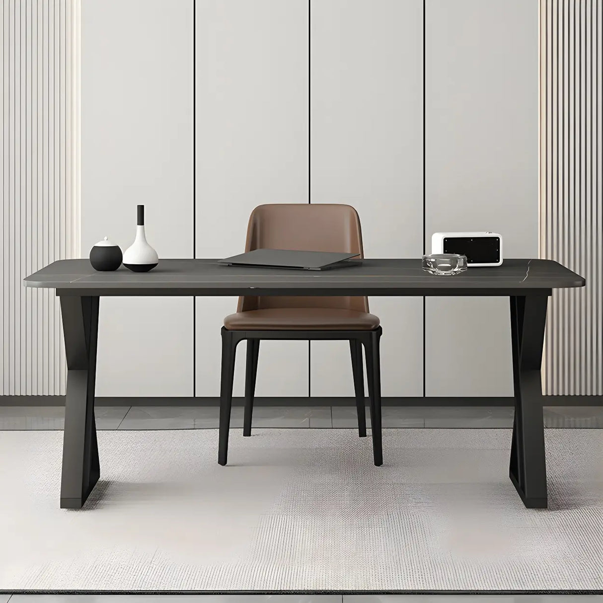 Black Stone Rectangular Metal Sled Base Writing Desk Image - 4