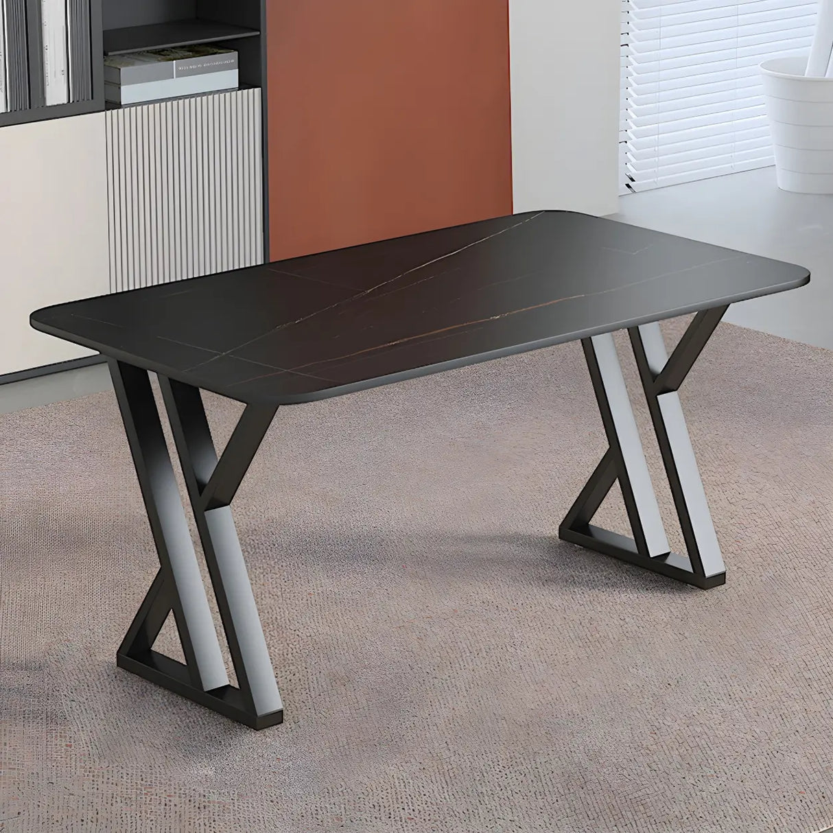Black Stone Rectangular Metal Sled Base Writing Desk Image - 5