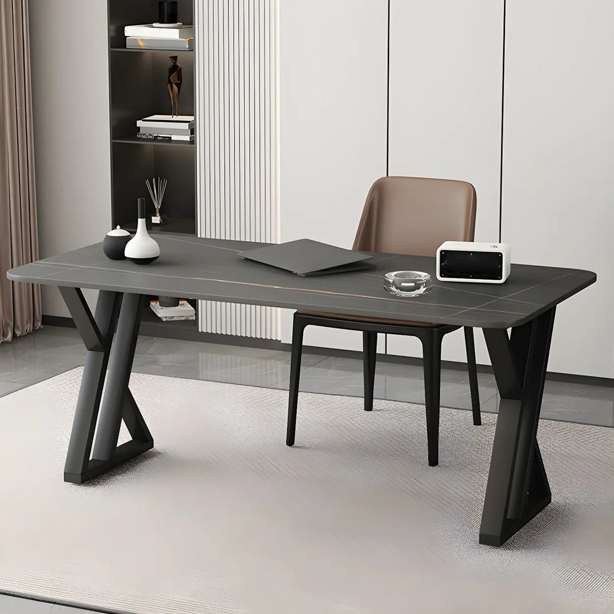 Black Stone Rectangular Metal Sled Base Writing Desk Image - 7