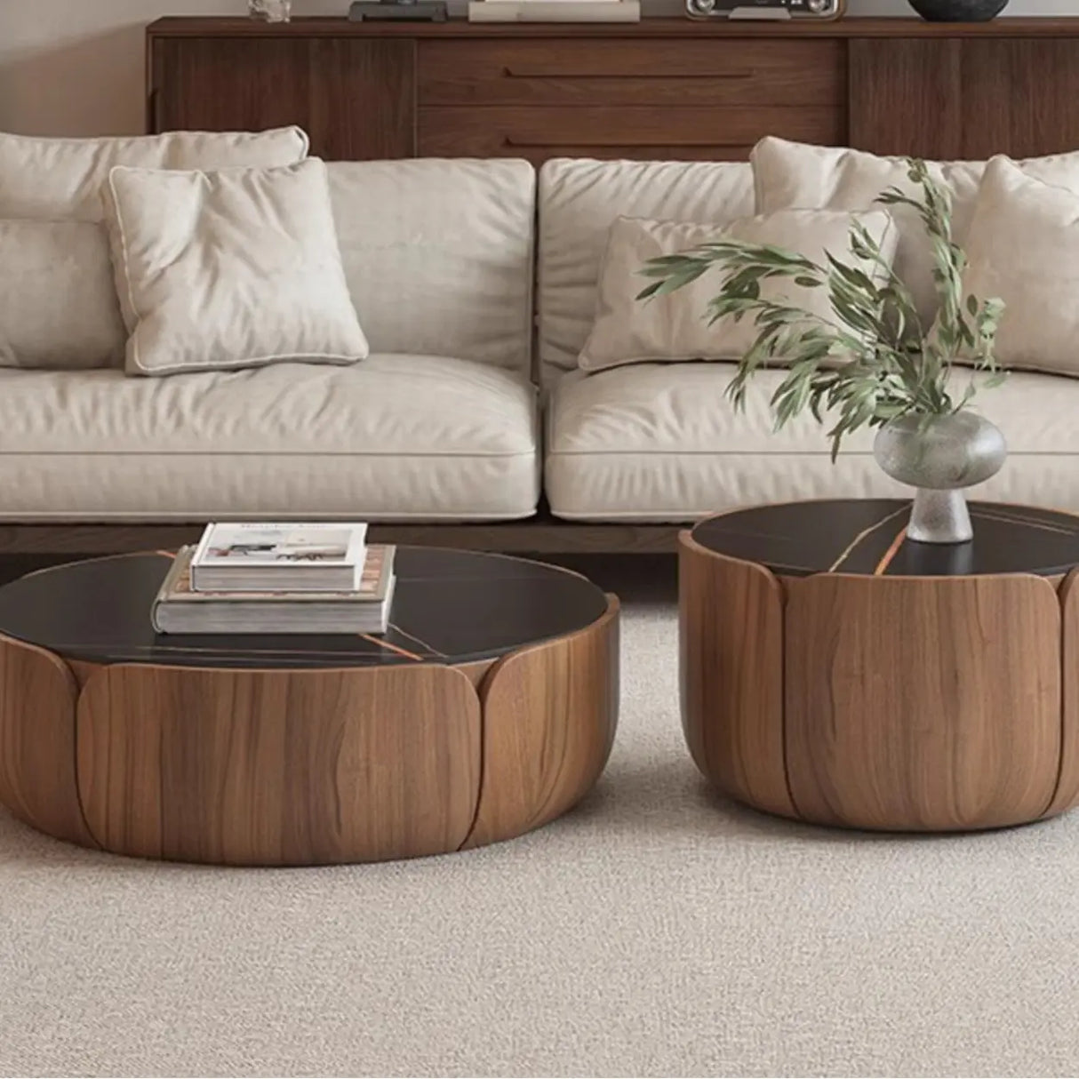 Black Stone Round Brown Wood Base Storage Coffee Table Image - 3