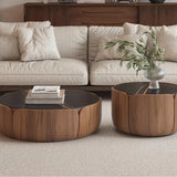 Black Stone Round Brown Wood Base Storage Coffee Table Image - 3