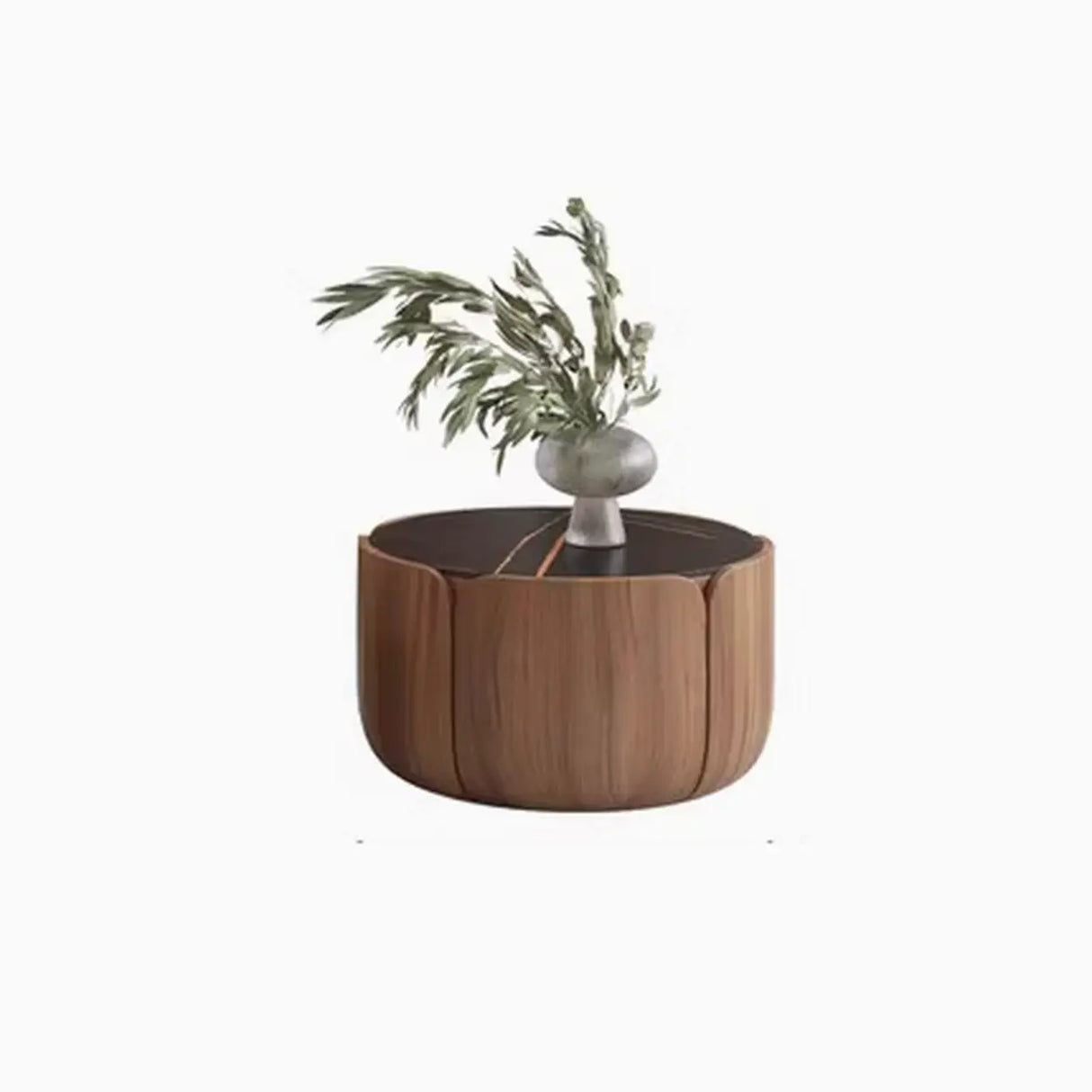 Black Stone Round Brown Wood Base Storage Coffee Table Image - 5