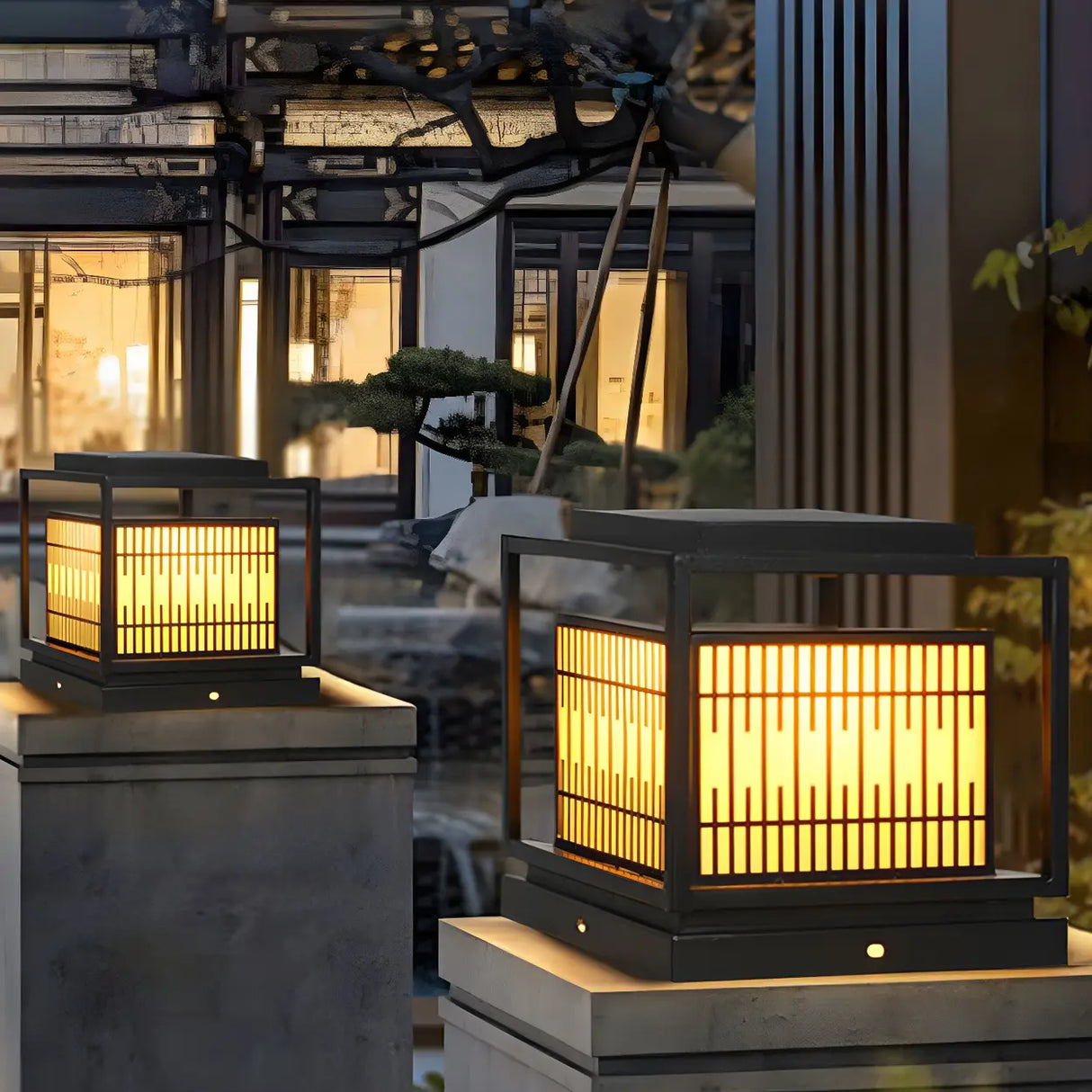 Black Stylish Square Lantern Metal Outdoor Post Light Image - 1