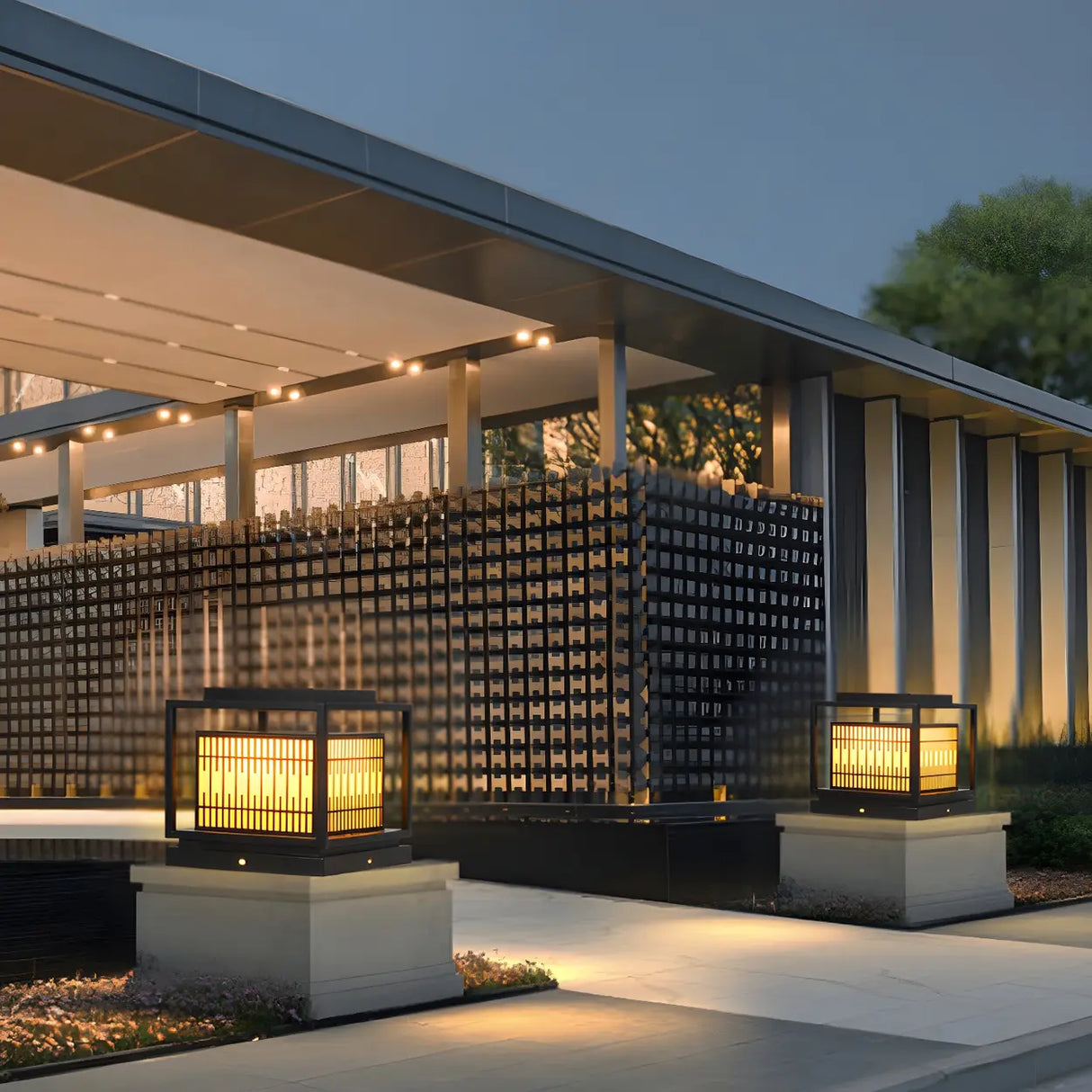 Black Stylish Square Lantern Metal Outdoor Post Light Image - 2
