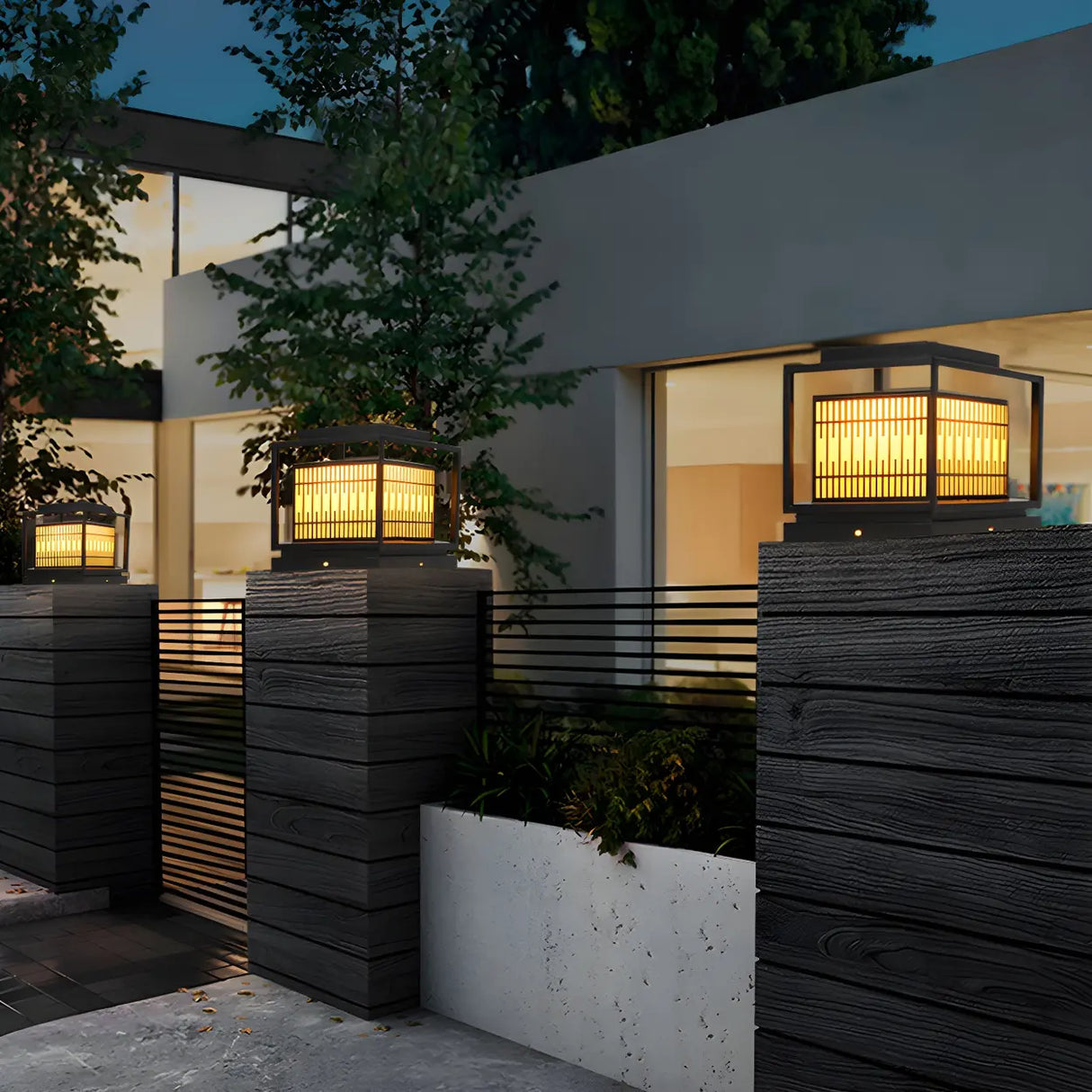 Black Stylish Square Lantern Metal Outdoor Post Light Image - 4