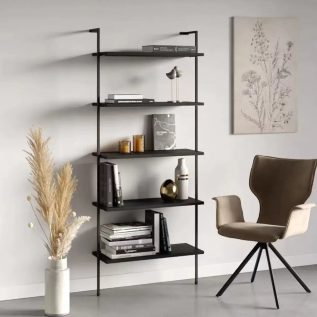 Black Stylish Wall Mounted Open Wood Etagere Bookshelf Image - 5