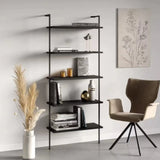 Black Stylish Wall Mounted Open Wood Etagere Bookshelf Image - 5