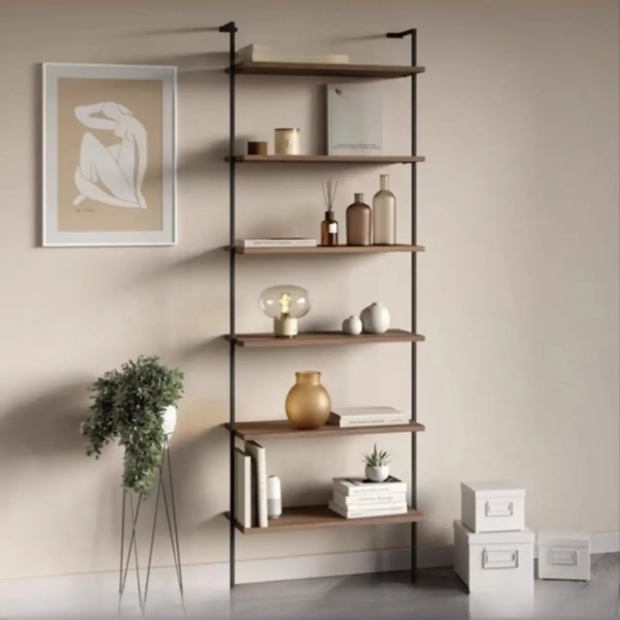 Black Stylish Wall Mounted Open Wood Etagere Bookshelf Image - 9