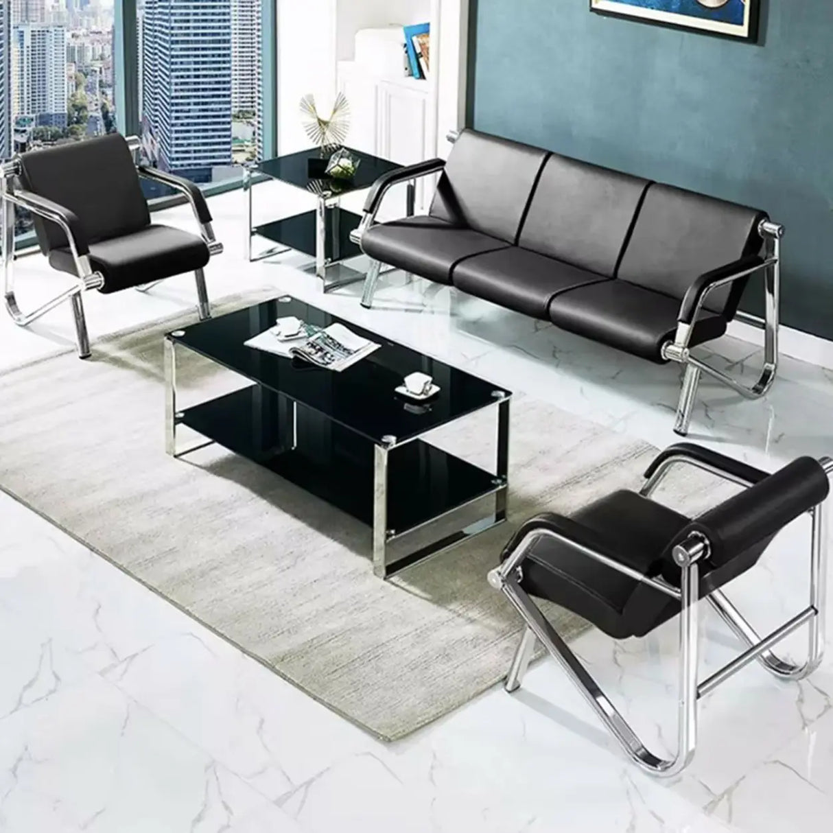 Black Tear Resistant Faux Leather Four Seater Sofa Image - 12