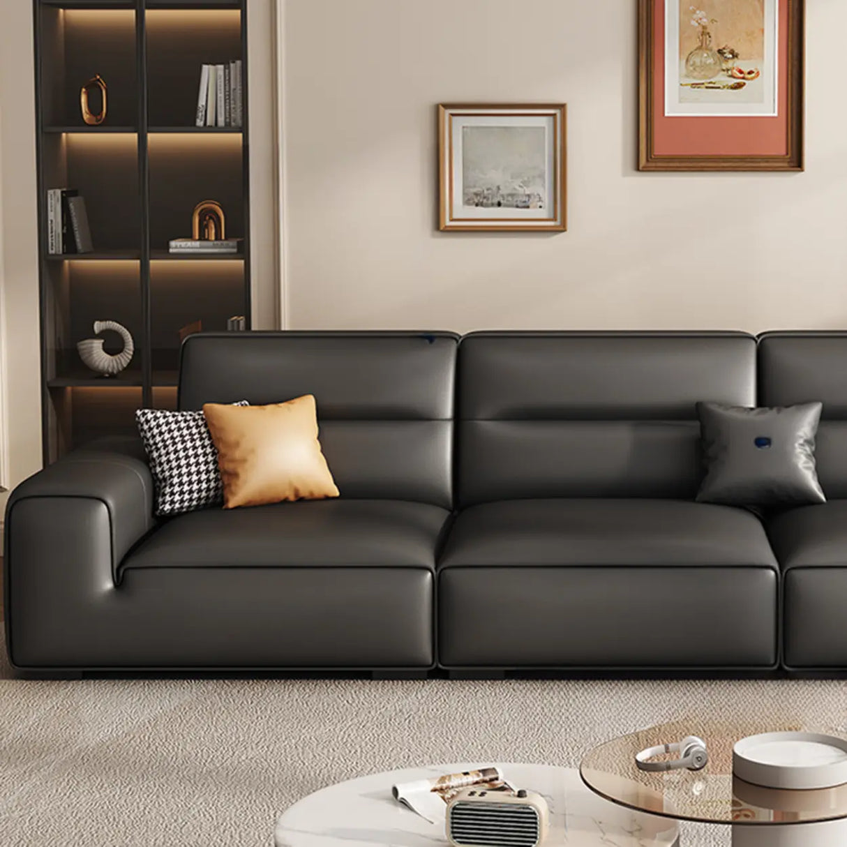 Black Tear Resistant Genuine Leather Foam Fill Sofa Image - 7