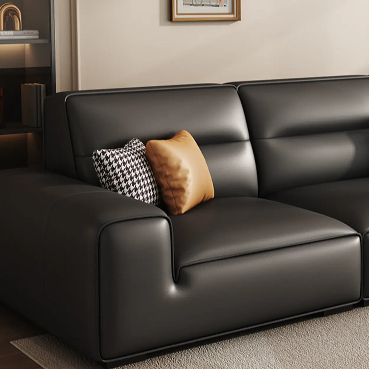 Black Tear Resistant Genuine Leather Foam Fill Sofa Image - 9