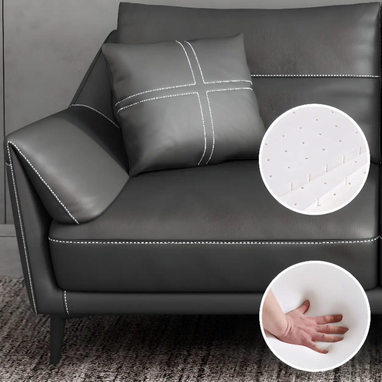 Black Tear Resistant Leather Foam Sofa with Pillow Image - 8