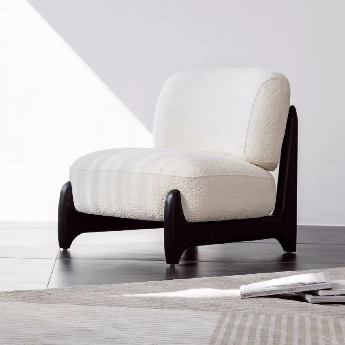 Black Textured Sherpa Removable Cushions Slipper Chair Image - 2