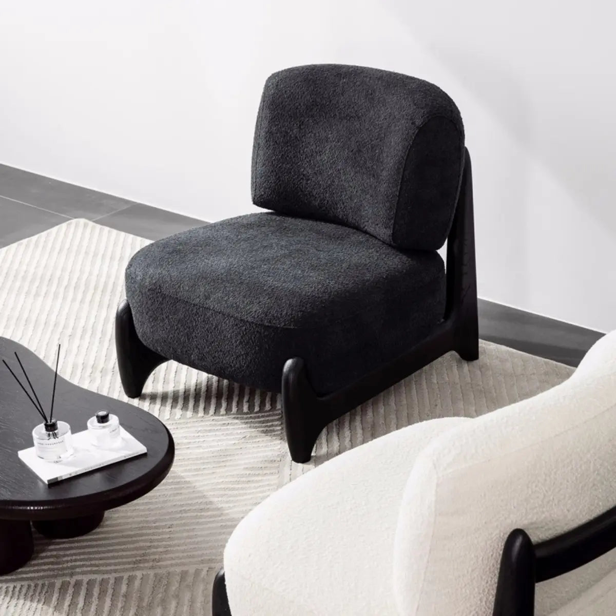 Black Textured Sherpa Removable Cushions Slipper Chair Image - 3