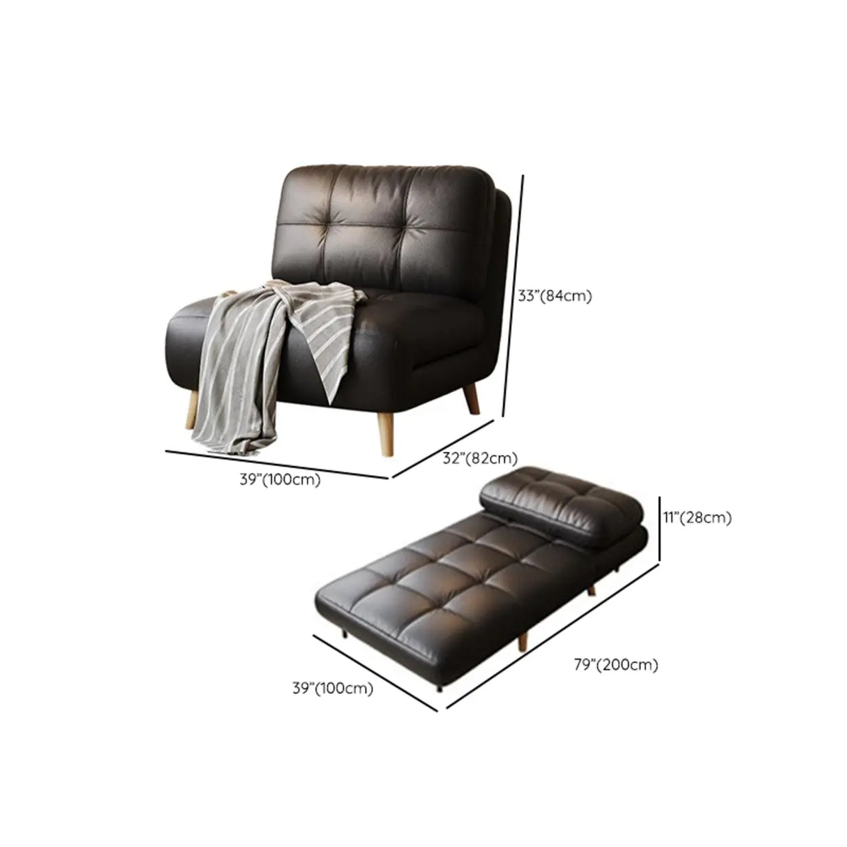 Black Tufted Faux Leather Foldable Compact Futon Sofa Bed Image - 14