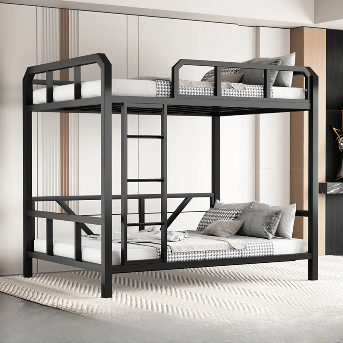 Black Twin Bunk Alloy Bed with Stair and Guardrail Image - 1
