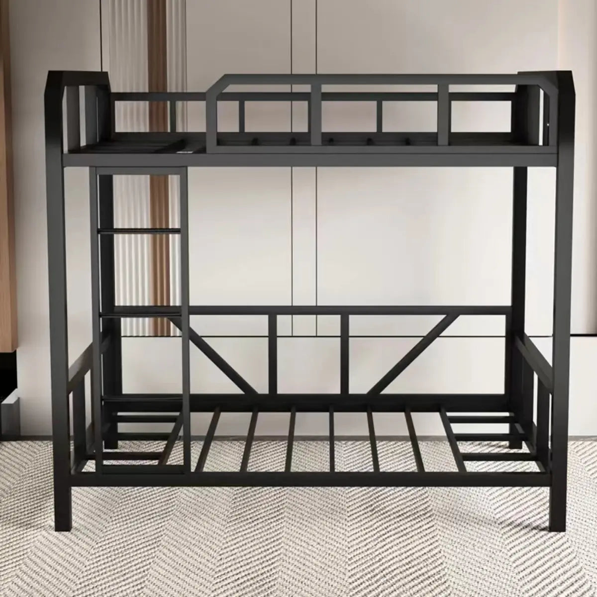 Black Twin Bunk Alloy Bed with Stair and Guardrail Image - 3