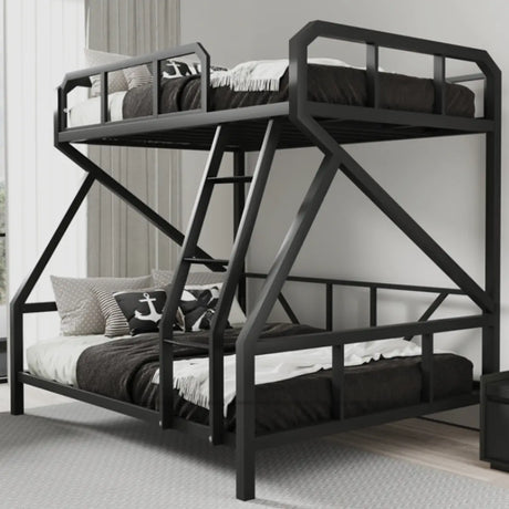 Black Twin Bunk Metal Safety Bed with Guardrail and Stairs Image - 1